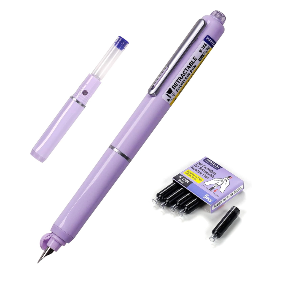 close up of pen showing refillable cartridges and a set of the refillable cartridges